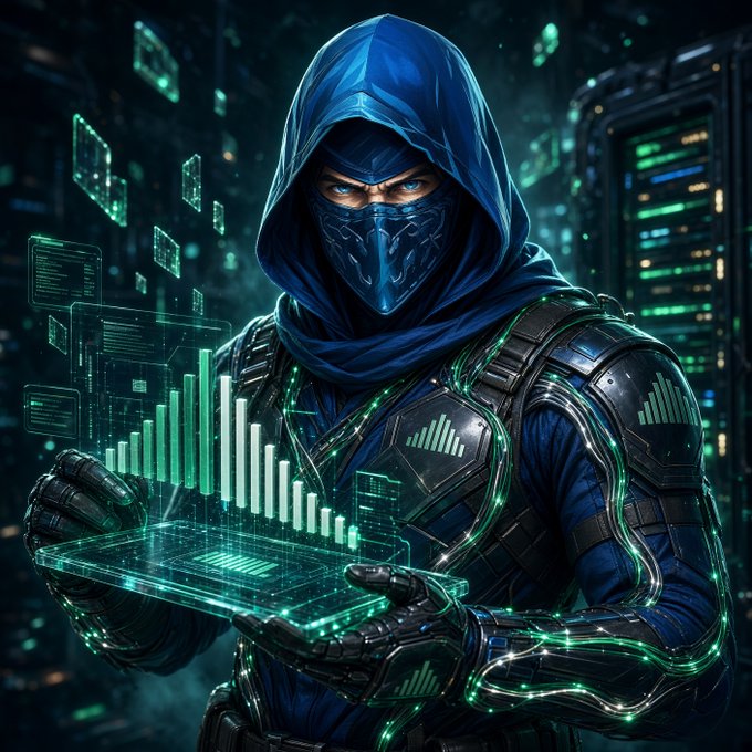 A digital artwork of a futuristic hooded ninja in blue and black tech armor, manipulating a glowing green holographic bar chart displaying trading data.