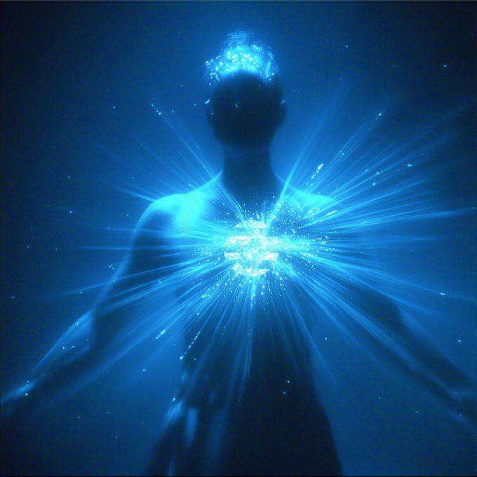 A digital artwork depicting a silhouetted human figure in meditation, radiating glowing blue energy from the head and heart chakras.