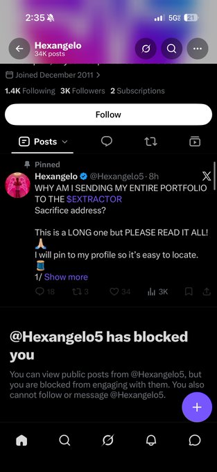 A screenshot of an X/Twitter profile for 'Hexangelo' (@Hexangelo5) with a pinned post reading 'WHY AM I SENDING MY ENTIRE PORTFOLIO TO THE $EXTRACTOR' and a notification stating '@Hexangelo5 has blocked you'.