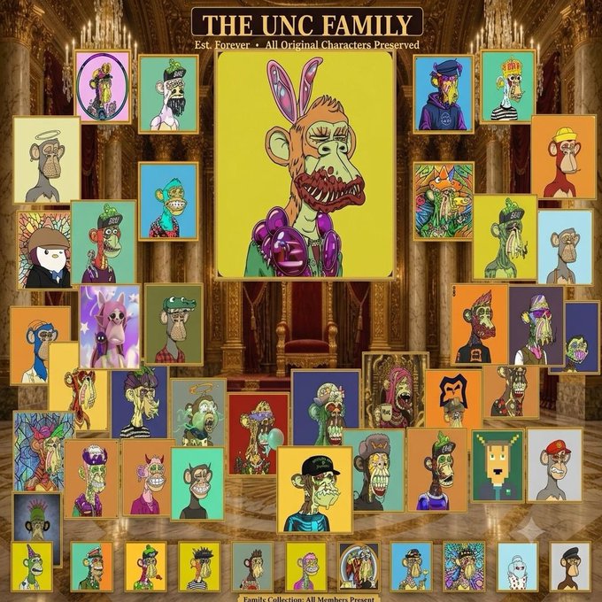 A collage titled 'THE UNC FAMILY - Est. Forever' featuring numerous cartoon Bored Ape-style NFT characters in ornate gold frames.