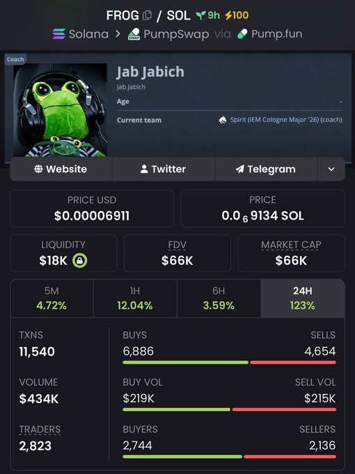 A cryptocurrency tracker screen shows FROG/SOL token data including price ($0.00006911), market cap ($66K), 24H performance (123%), and trading metrics for the Solana token associated with coach 'Jab Jabich'.