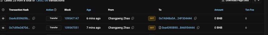 The image shows a BNB blockchain transaction record displaying two recent "Transfer" transactions from "Changpeng Zhao" (cz_binance) to address burn wallets, both with 0 BNB amounts and 0 transaction fees, supporting the claim that CZ is burning 70% of the $CZ supply by sending tokens to unrecoverable addresses.