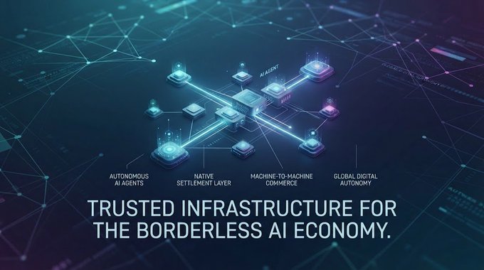 A futuristic digital graphic with the text 'TRUSTED INFRASTRUCTURE FOR THE BORDERLESS AI ECONOMY' and labels including 'AUTONOMOUS AI AGENTS', 'NATIVE SETTLEMENT LAYER', 'MACHINE-TO-MACHINE COMMERCE', and 'GLOBAL DIGITAL AUTONOMY' connected by glowing blue and pink nodes.