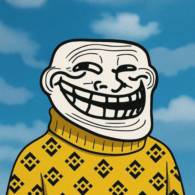 The image features a cartoon-style drawing of a man wearing a yellow sweater with black diamond patterns, standing against a blue sky with white clouds. The man has a big smile on his face and appears to be laughing or making a funny face for the camera. The caption below the image reads "If $TROLL gets the @BinanceUS listing, people will fomo into RAGEGUY like crazy".