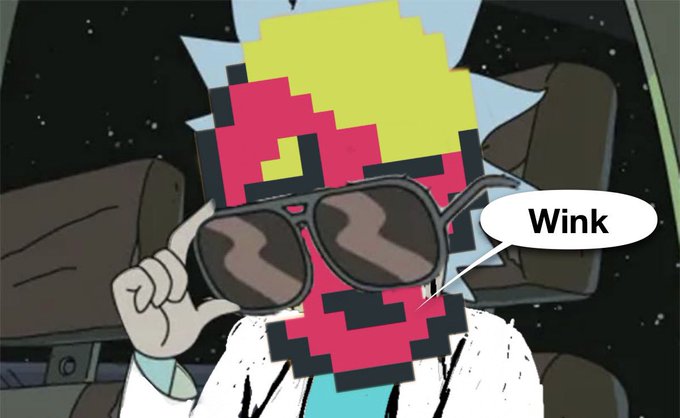 An animated character with a pixelated red-and-yellow head, wearing large black sunglasses and a white lab coat, pointing to their face with a speech bubble containing the word "Wink."