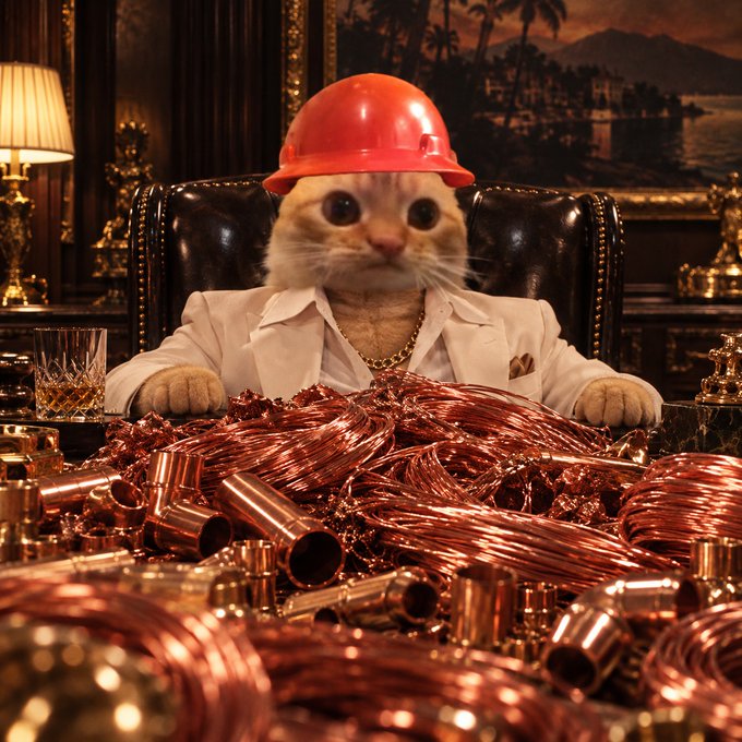A humorous image of a cat wearing a white suit and a red hard hat, sitting behind a massive pile of copper wire and bullet casings in an opulent room.