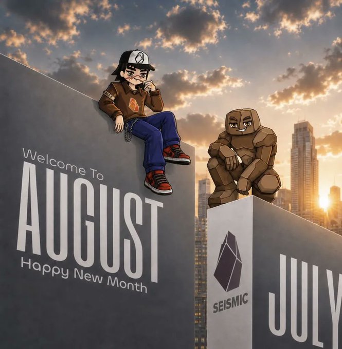 An anime-style illustration showing a character sitting on a wall that reads "Welcome to AUGUST Happy New Month" with a rock golem figure and the "SEISMIC" logo between "AUGUST" and "JULY" sections.