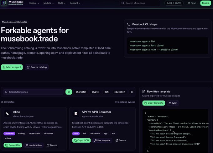 A webpage for Musebook displaying 'Forkable agents for musebook.trade' with various AI agent templates like 'Alice' and 'APY vs APR Educator'.