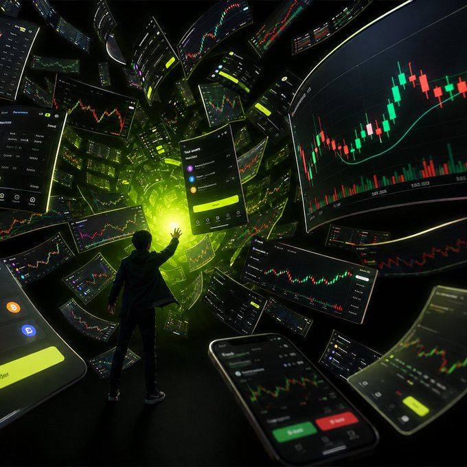 A person reaches towards a swirling vortex of trading charts and financial data displayed across multiple screens and phone interfaces. This visually represents the OKX Wallet's promise of a single gateway to all markets.