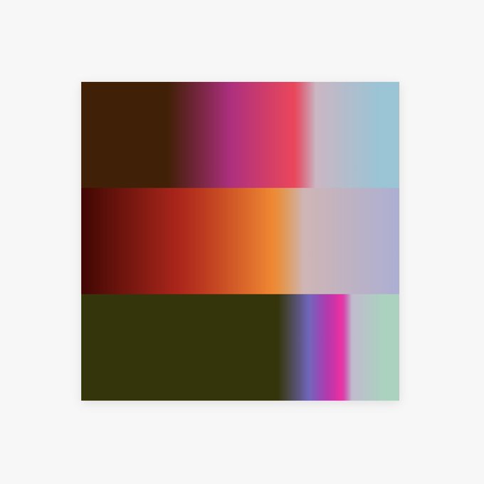 Abstract minimalist artwork composed of gradient color blocks in dark brown, orange, pink, light blue, red, purple, and green, arranged in a grid pattern.