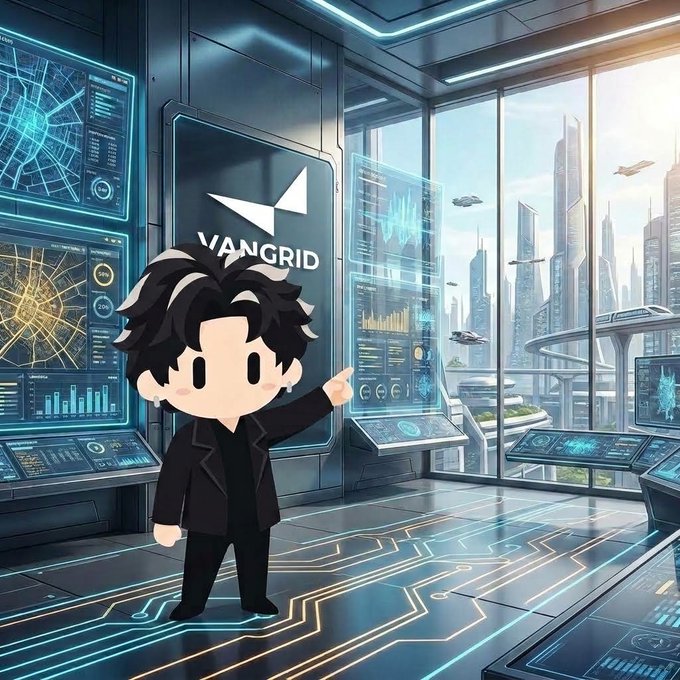 A chibi-style cartoon character with black hair wearing a dark suit, pointing at a futuristic cityscape view through a window with holographic screens displaying data, with 'VANGRID' logo visible on a panel behind him.