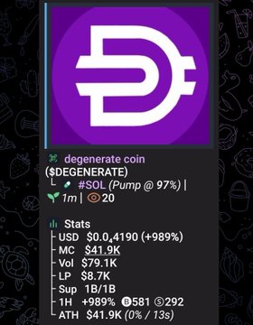 A screenshot of a crypto tracker app displays information for a token called 'degenerate coin' ($DEGENERATE) on the SOL network, showing a market cap of $41.9K and a price of $0.4190.