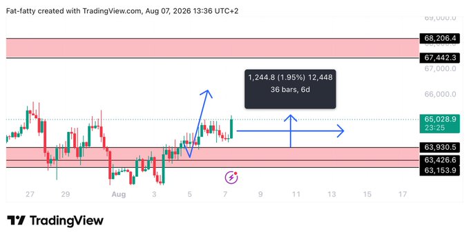 A TradingView chart of Bitcoin ($BTC) shows a trade setup labeled with a +1.95% gain (1,244.8 points) over 36 bars, displaying key price zones between 63,153.9 and 68,206.4, supporting the post's claim of a successful long entry aiming toward the 67,000 level with an option to move the stop loss to entry.