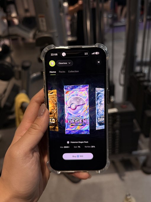 A hand holds a smartphone displaying the Cowries app showing a 'Pokémon Degen Pack' for sale at $500 with a 1% Epic and 28% Rarities rate, in a gym setting.