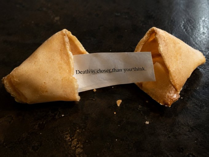 A fortune cookie broken in half reveals the message "Death is closer than you think," serving as a stark reminder that market decisions carry real consequences and must be made wisely before time runs out.