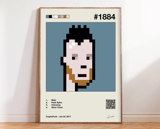 A framed poster of CryptoPunk #1884 displays a pixelated male character with a peak spike, chinstrap, and silver chain, dated June 23, 2017 with a QR code.