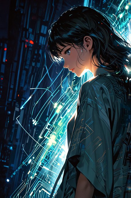 An anime-style digital illustration depicts a young woman with dark hair looking over her shoulder in a cyberpunk setting with bright neon circuit patterns.