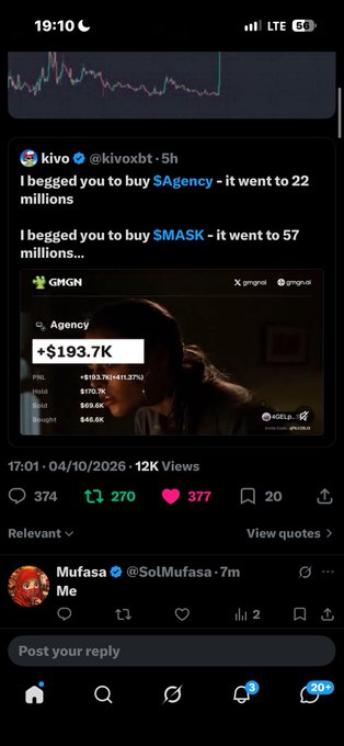A screenshot of a Twitter post by @kivoxbt bragging that his recommendations for $Agency and $MASK reached '22 millions' and '57 millions', with a market cap screenshot showing Agency at $193.7K.