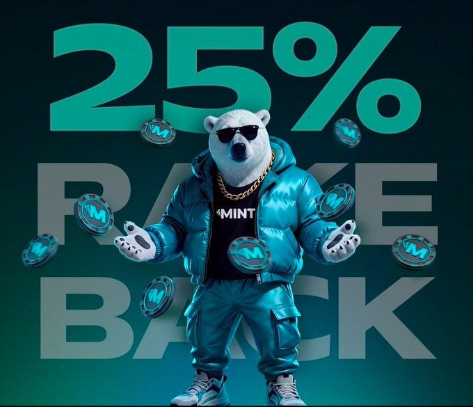 A promotional graphic featuring an anthropomorphic polar bear wearing sunglasses, a gold chain, and a shiny teal puffer jacket over a 'MINT' t-shirt, surrounded by 'MNT' coins with '25% RAKE BACK' in large background text.