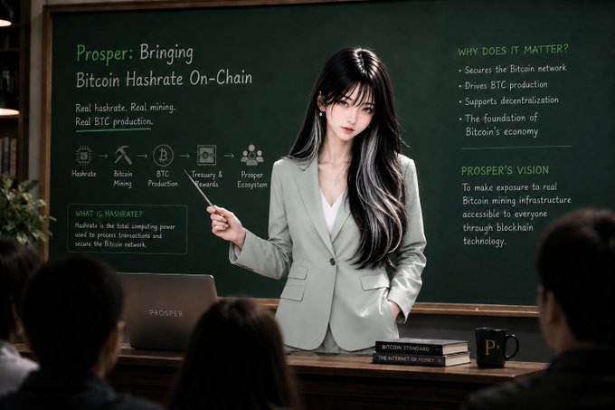 An AI-generated image of a female instructor with long black hair in a gray blazer standing in front of a chalkboard explaining 'Prosper: Bringing Bitcoin Hashrate On-Chain,' with sections titled 'WHY DOES IT MATTER?' and 'PROSPER'S VISION'.