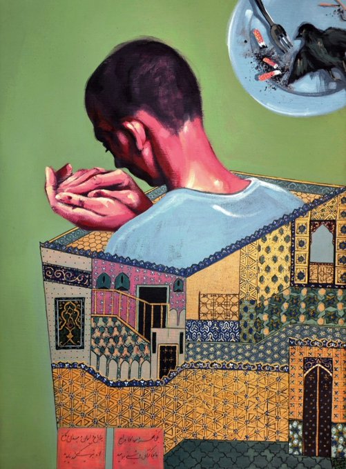 The image depicts a person from behind, wearing a white shirt, with their hands raised, set against a green background featuring an ornately patterned architectural structure resembling Middle Eastern design and a plate with utensils and food remnants. The accompanying tweet promotes a Tezos NFT artwork titled "Birds Are Mortal" available on @objktcom, which this striking, surreal composition appears to represent.