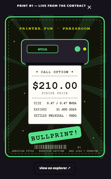 The image displays a digital trading card from Printer.fun's Pressroom featuring a $210.00 NVDA call option contract expiring 31 AUG 2026, with a "BULLPRINT!" stamp at the bottom. It serves as a promotional graphic for the platform's new options trading feature for tokenized stocks on Robinhood, aligning with the post's announcement of "Bullprint and Bearprint" NFTs being tradeable.