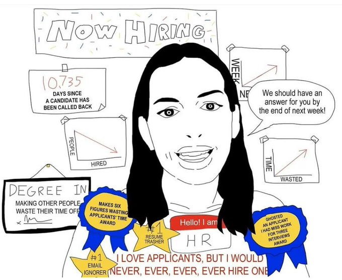 A black-and-white illustration of a smiling woman labeled 'Hello! I am HR' surrounded by signs reading 'NOW HIRING', '10,735 DAYS SINCE A CANDIDATE HAS BEEN CALLED BACK', 'PEOPLE HIRED', and 'TIME WASTED'. She wears ribbons for '#1 EMAIL IGNORER' and '#1 RESUME TRASHER', with text stating 'I LOVE APPLICANTS, BUT I WOULD NEVER, EVER, EVER, EVER HIRE ONE'.