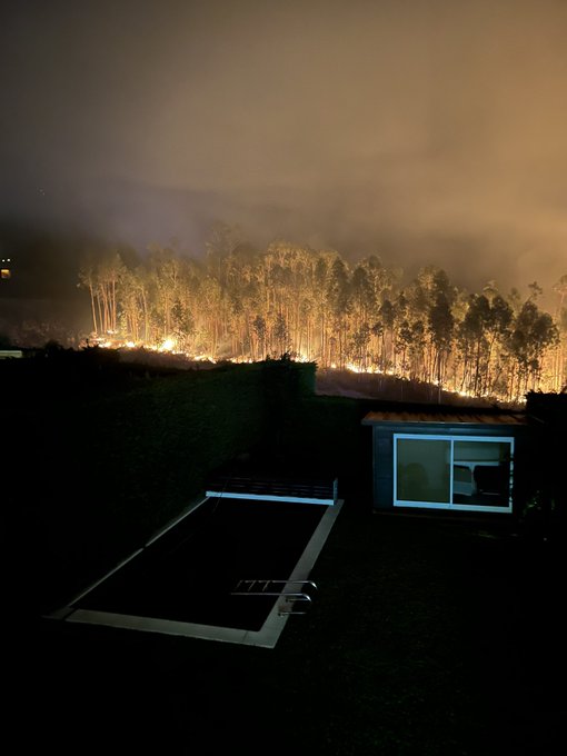 A nighttime photograph shows flames burning through a tree line in the distance while a pool and a small lit pool house sit in the dark foreground.