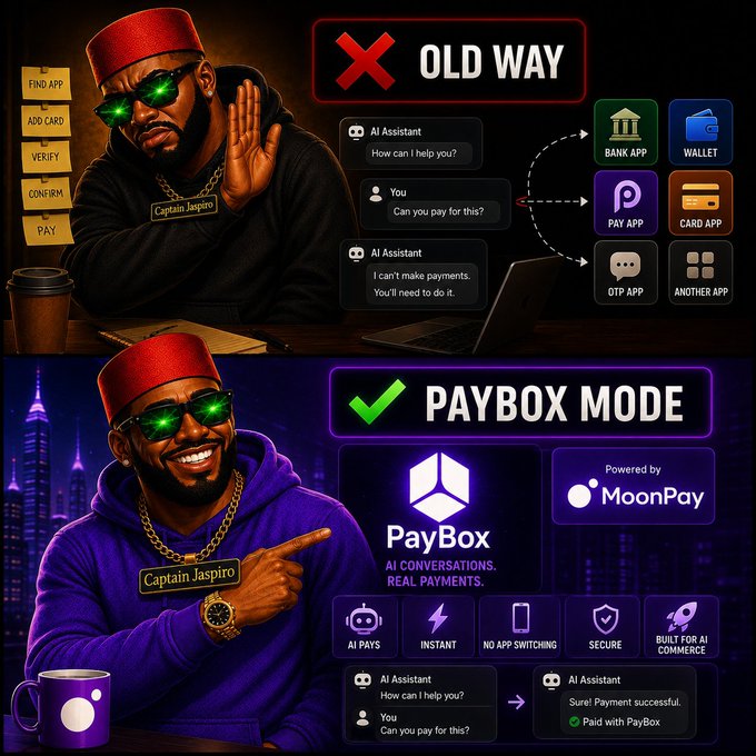 A promotional comparison graphic contrasts the 'OLD WAY' of payments (multiple apps, OTPs) versus 'PAYBOX MODE' (powered by MoonPay), featuring a character called 'Captain Jaspiro' in both panels.