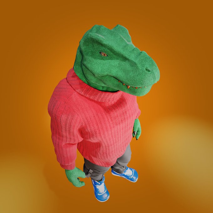 A 3D render shows a character wearing a green dinosaur head mask, a red sweater, grey pants, and blue sneakers, standing against an orange background.