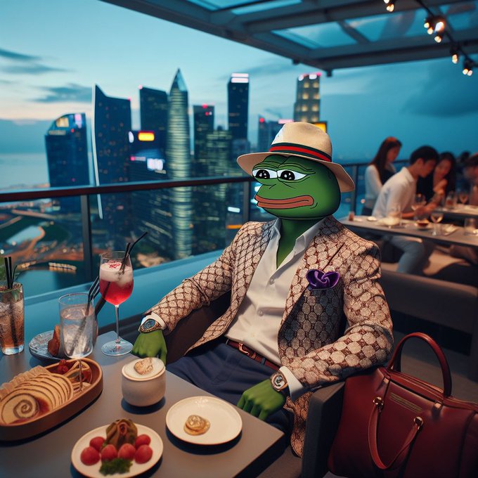A digital illustration of a Pepe the Frog character dressed in a patterned Gucci-style blazer and fedora, sitting at a rooftop restaurant table with drinks and food against a city skyline at dusk.