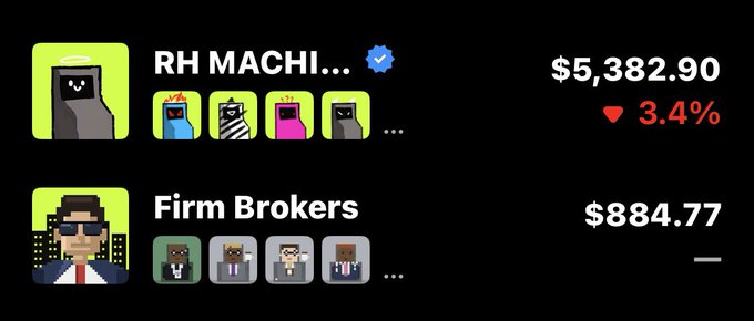 A screenshot shows two leaderboard entries: 'RH MACHI...' with a $5,382.90 value and 3.4% drop, and 'Firm Brokers' with $884.77.