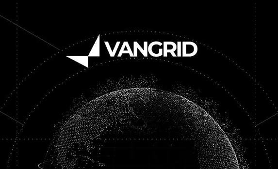 A black background with the white text 'VANGRID' and a logo above a dotted digital globe graphic.