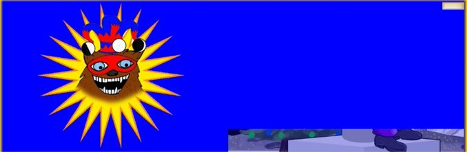 A blue Twitch banner featuring a manic sun-faced bear with "KING" written in red flame text, grinning wildly beside a chibi avatar. The chaotic, meme-like imagery visually reinforces the post's shock about the streamer unexpectedly swapping his banner just before a key moment in his "bear" persona stream.