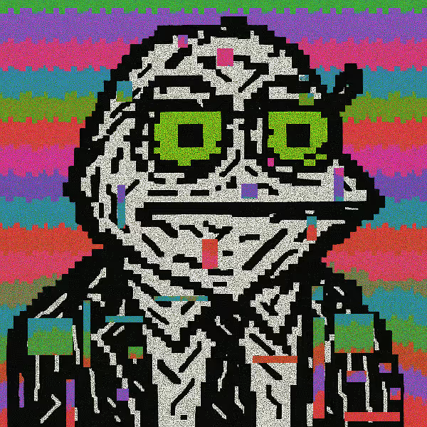 A glitchy, pixelated black-and-white figure with bright green eyes and a distorted face is set against a wavy, multi-colored striped background.