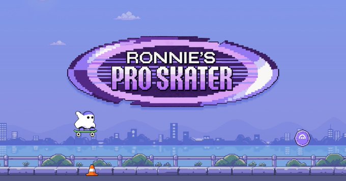 Pixel art graphic for "RONNIE'S PRO SKATER" featuring a small white character riding a skateboard across a purple landscape with a city skyline.