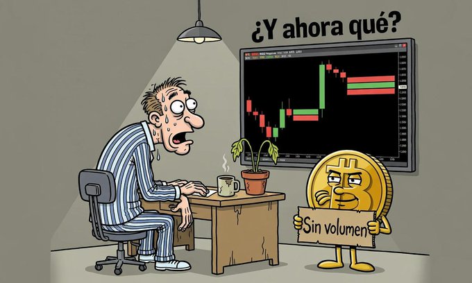 A cartoon illustration of a sweating, panicked man in striped pajamas staring at a stock market chart, while a gold coin character holds a sign reading 'Sin volumen' under the Spanish text '¿Y ahora qué?'.