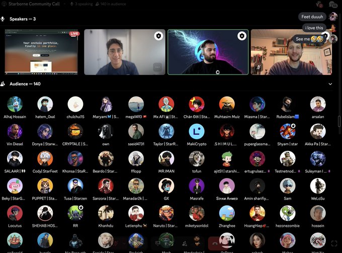 A Starborne Community Call with 3 speakers and 140 audience members, featuring one speaker in a highlighted panel next to a cosmic-themed profile, likely @gaius_sama discussing AstarFi as noted by the chat reactions "Feet duuh" and "i love this" alongside other crypto-related handles like MaCrypto and TESTNETOD.