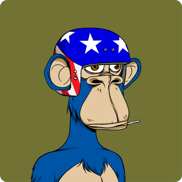 The image features a cartoon monkey wearing an American flag helmet, which has stars and stripes on it. The monkey appears to be wearing a helmet with goggles as well. The background of the image is green, providing a contrast to the blue color of the monkey's outfit. There are no other objects or texts in the image besides the monkey and its surroundings.