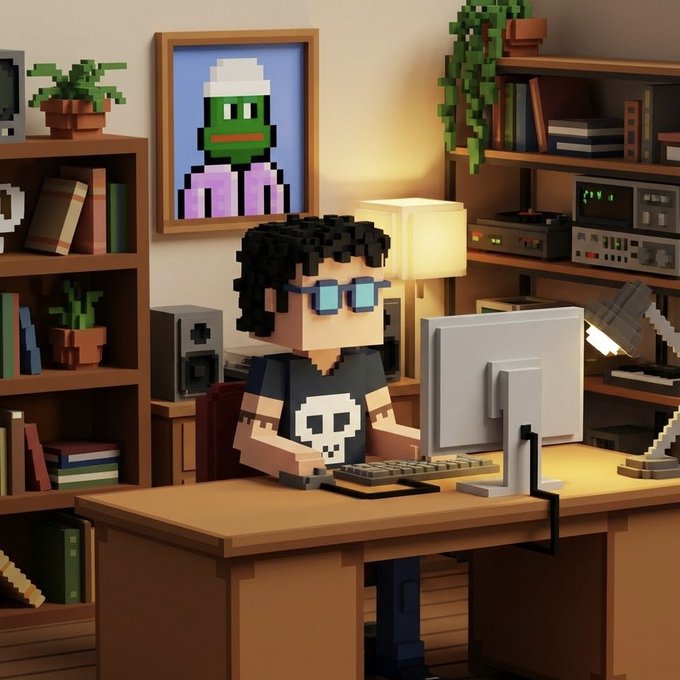 A pixel art / 3D voxel style illustration of a person with glasses and a skull shirt sitting at a computer desk, with a green character portrait on the wall behind them.