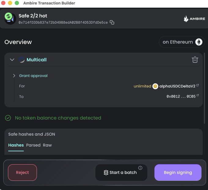 The image shows an Ambire Transaction Builder interface displaying a 2/2 Safe wallet transaction overview on Ethereum, where a "Multicall" operation requests an unlimited token approval for alphaUSDCDeltaV2 (to address 0x0012...00c5). The accompanying post praises WalletBeat's contributions to Ethereum, and the image relates to this by showcasing a Safe wallet transaction—a key tool in Ethereum's ecosystem for secure multi-signature asset management.