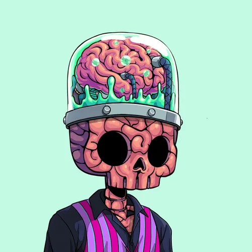 A stylized illustration depicts a pink skull with hollow black eyes wearing a purple striped shirt, topped with a glass dome containing a brain infected by green slime and purple tubes.