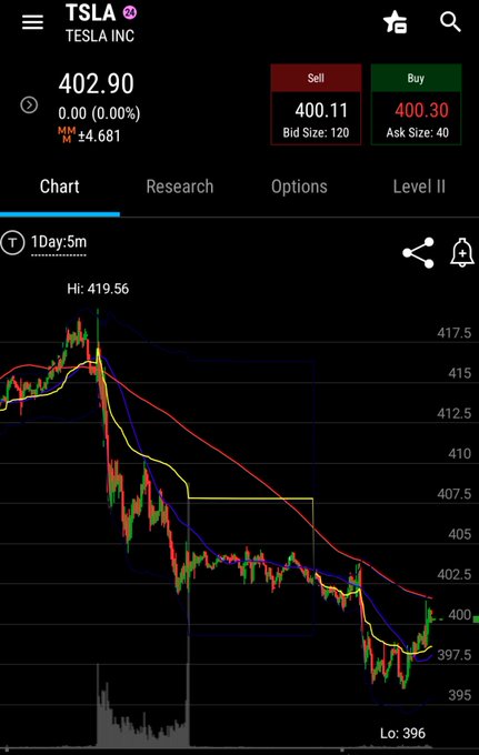 A stock chart for Tesla Inc (TSLA) showing a current price of 402.90, down from a high of 419.56 to a low of 396 on a 1-day 5-minute chart.