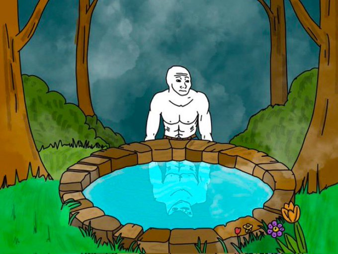 A cartoon illustration of a muscular, bald, white figure standing behind a circular stone pool of water in a forest setting, with a reflection visible in the water.