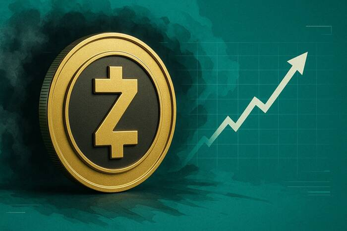 The image features a golden ZEC coin positioned on top of a graph with a white upward-pointing line or "curve" that suggests an increase, likely in value. The ZEC, which is an abbreviation for "Zokor," is associated with cryptocurrency and has been bouncing back over 41% from its $303 low trading price to reach $428.67 today. This rise in value indicates a positive trend in the crypto market, as indicated by the upward curve on the graph.