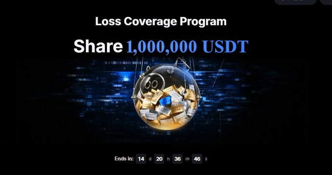 A promotional banner for MEXC's "Loss Coverage Program" offering to share 1,000,000 USDT, with a countdown timer showing 14 days, 20 hours, 36 minutes remaining. The image visually reinforces the accompanying post about valuing MEXC's loss coverage feature, which protects traders during market downturns—a quality the author appreciates more after years in crypto beyond just bull market benefits.