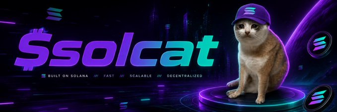 The image is a promotional banner for "$solcat," featuring the token name in bold purple and teal lettering alongside a cat wearing a purple Solana-branded cap, with the tagline "Built on Solana /// Fast /// Scalable /// Decentralized." This visual supports the post's bullish call-out, branding $SOLCAT as a Solana-based memecoin poised for major gains at its current entry levels.