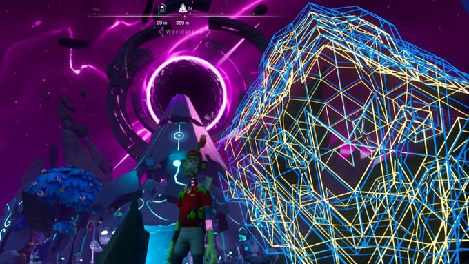 Screenshot from the video game No Man's Sky showing a player character standing near a glowing purple portal and a large geometric neon structure on an alien planet.