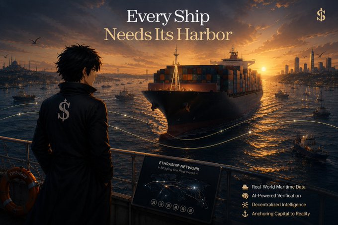 A promotional image titled 'Every Ship Needs Its Harbor' depicting a figure with a dollar sign coat overlooking a busy port with cargo ships at sunset, promoting 'ETRASHIP NETWORK' with features like Real-World Maritime Data and AI-Powered Verification.
