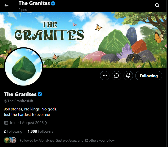 A Twitter/X profile page for "The Granites" (@TheGranitesNft), a verified account with 1,308 followers showcasing a banner of colorful illustrated gemstones and butterflies, with the bio stating "950 stones, No kings. No gods. Just the hardest to ever exist" — directly matching the post's mention of the project name and its 950 supply, suggesting it as an early alpha NFT opportunity to follow.